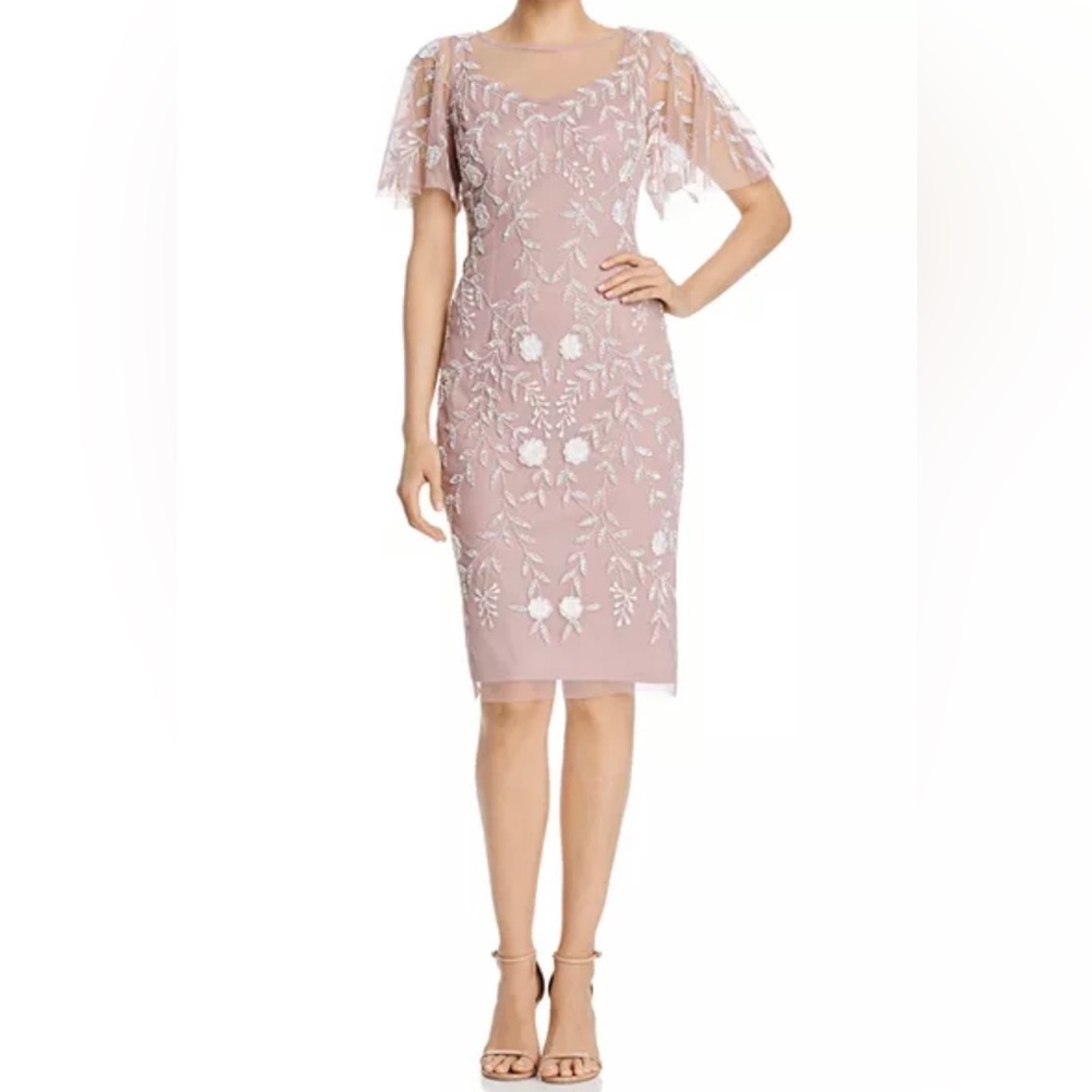 Adrianna Papell Dusty Pink Floral Beaded Dress with Sheer Flutter Sleeves 8